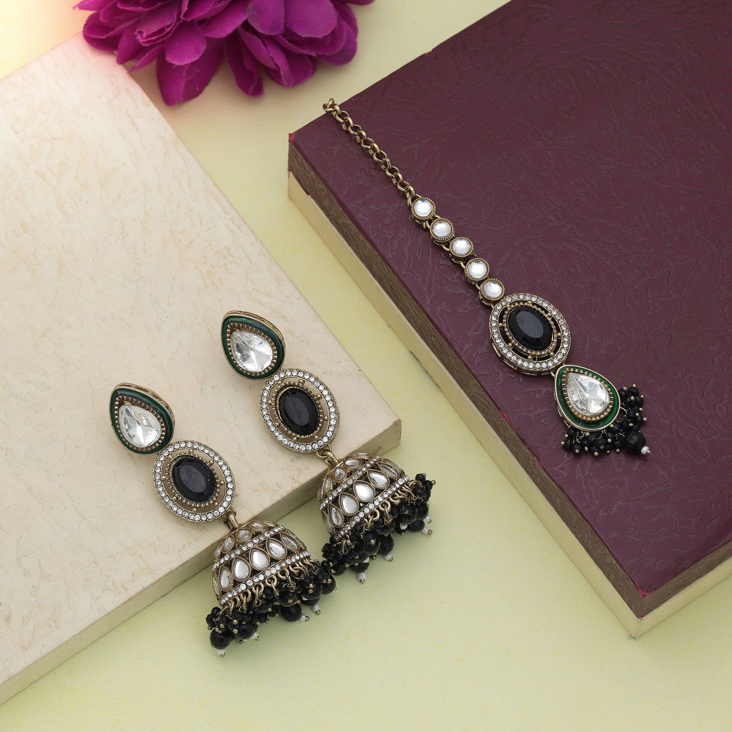 Elegant Black Color Kundan Earrings Tikka Set For Women Festive Party Collection