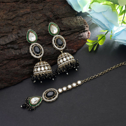 Elegant Black Color Kundan Earrings Tikka Set For Women Festive Party Collection