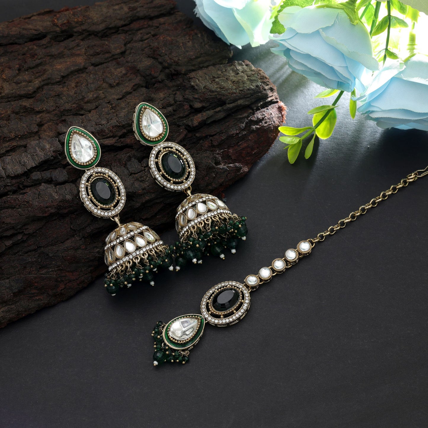 Royal Green Color Kundan Earrings Tikka Set For Festive Bridal Jewelry Styling