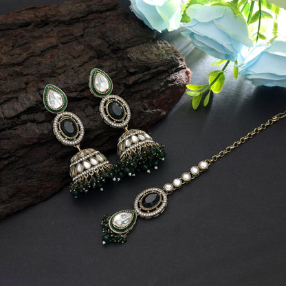 Royal Green Color Kundan Earrings Tikka Set For Festive Bridal Jewelry Styling