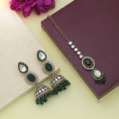 Royal Green Color Kundan Earrings Tikka Set For Festive Bridal Jewelry Styling