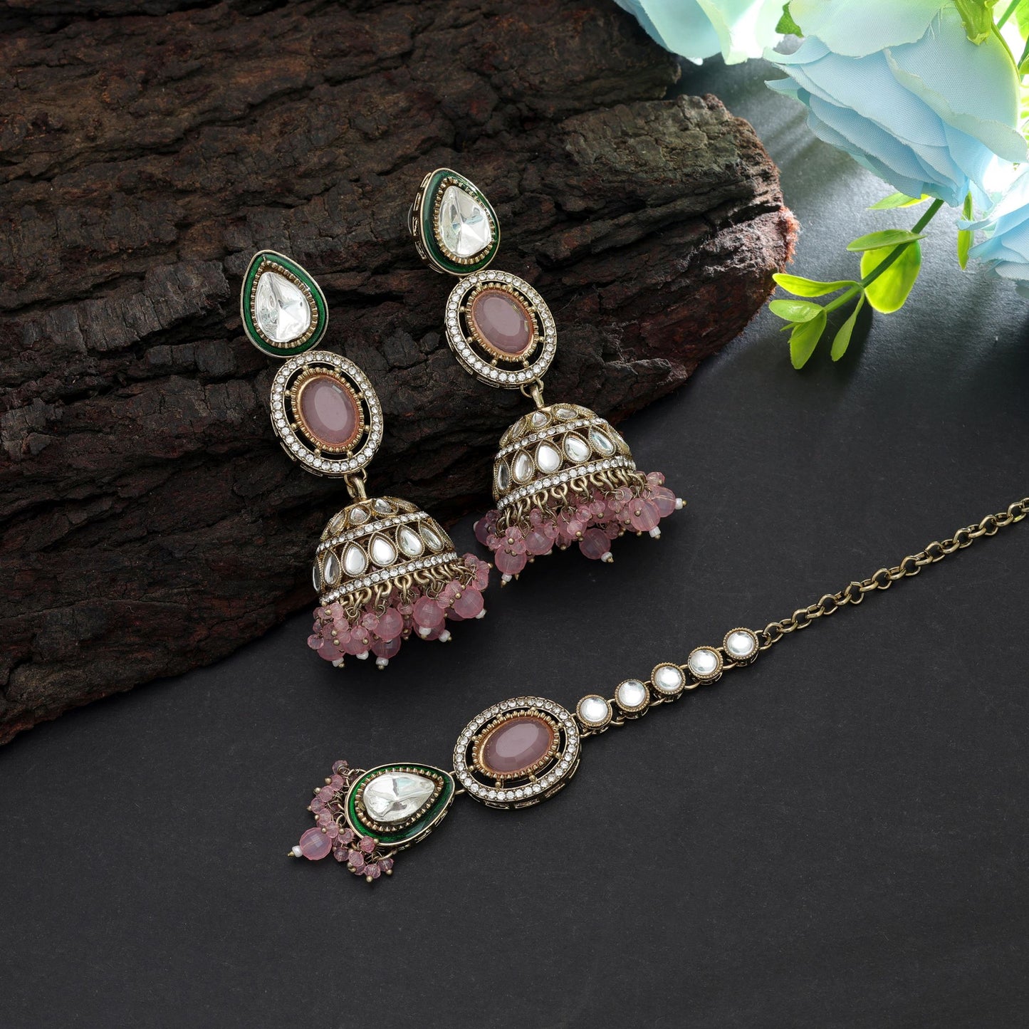 Elegant Light Pink Color Kundan Earrings Tikka Set For Traditional Party Collection