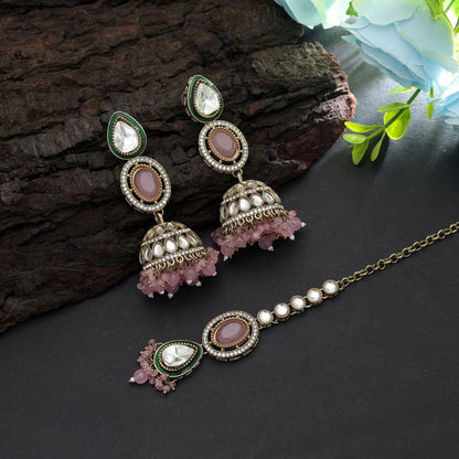 Elegant Light Pink Color Kundan Earrings Tikka Set For Traditional Party Collection