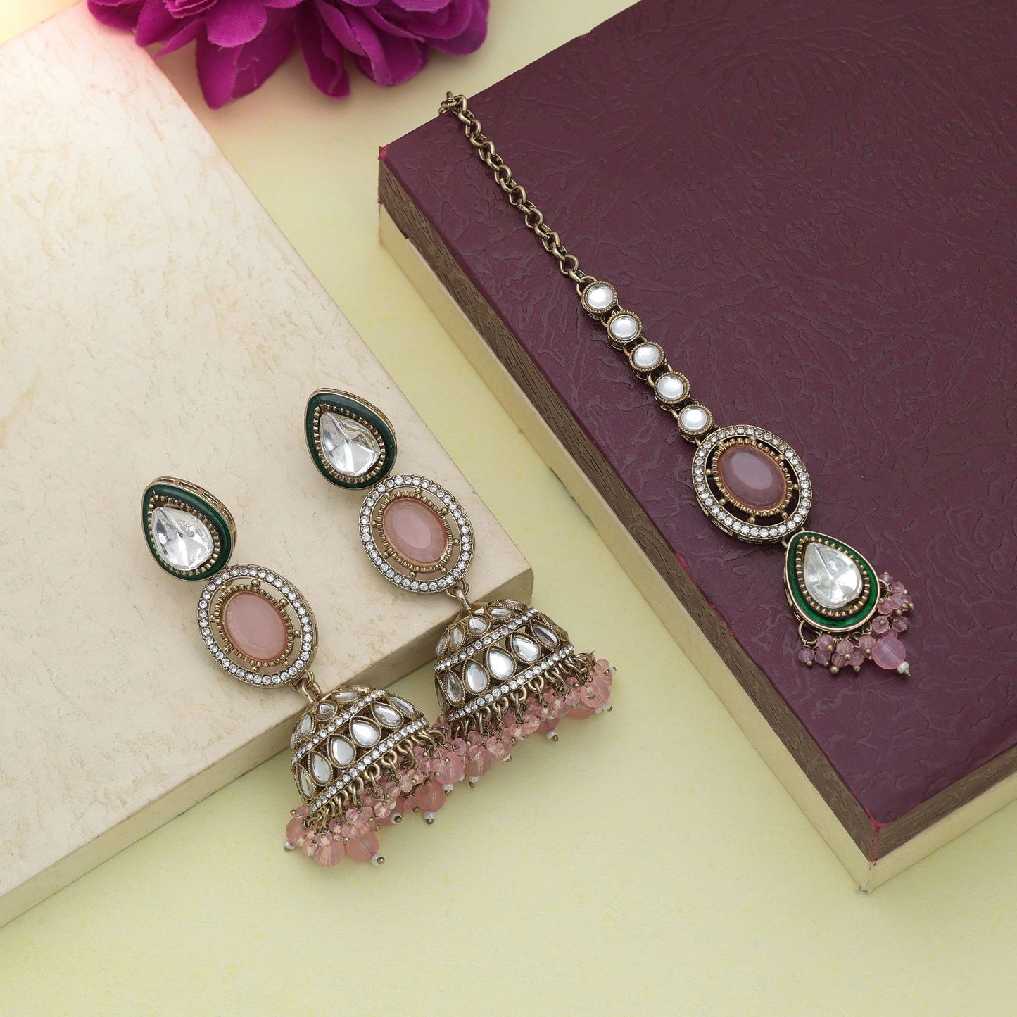Elegant Light Pink Color Kundan Earrings Tikka Set For Traditional Party Collection