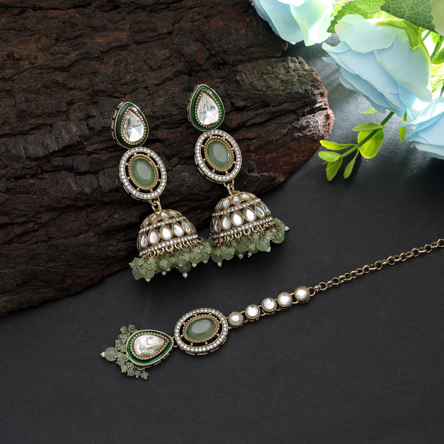 Premium Pista Grüne Kundan Ohrringe Tikka Set für Damen Partykleidung Mode