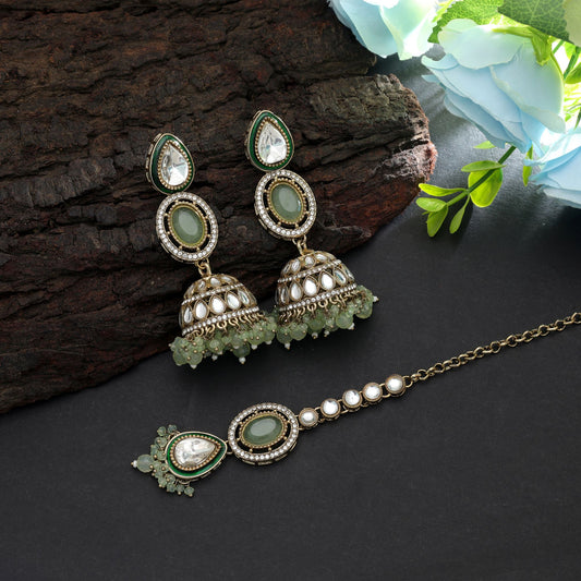 Premium Pista Grüne Kundan Ohrringe Tikka Set für Damen Partykleidung Mode