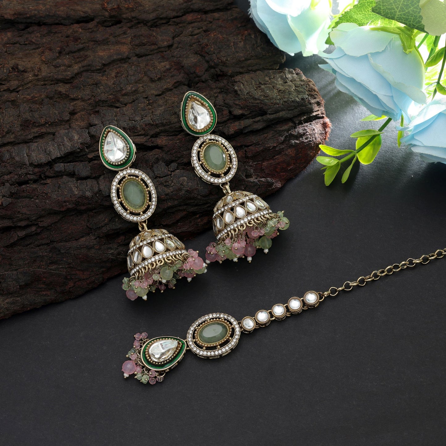Charming Pista Green & Pink Color Kundan Earrings Tikka Set With Elegant Finish