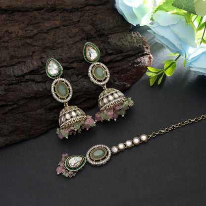 Charming Pista Green & Pink Color Kundan Earrings Tikka Set With Elegant Finish