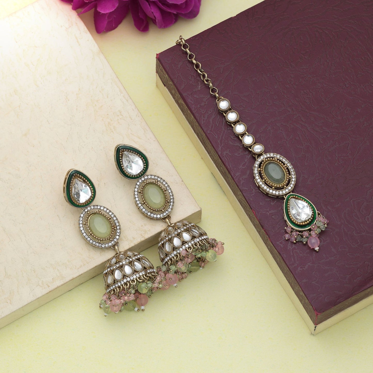 Charming Pista Green & Pink Color Kundan Earrings Tikka Set With Elegant Finish