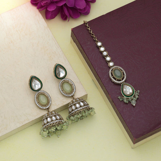 Premium Pista Grüne Kundan Ohrringe Tikka Set für Damen Partykleidung Mode