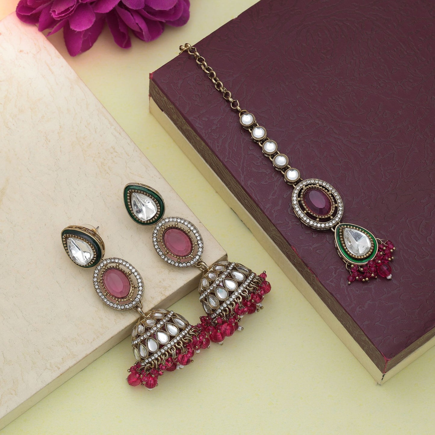 Stylish Rani Color Kundan Earrings Tikka Set For Bridal Wedding Occasion Looks