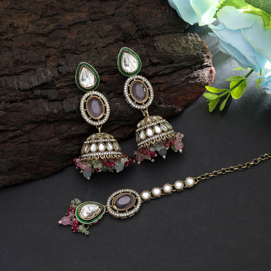 Graceful Multi Color Kundan Earrings Tikka Set With Elegant Bridal Appeal Design
