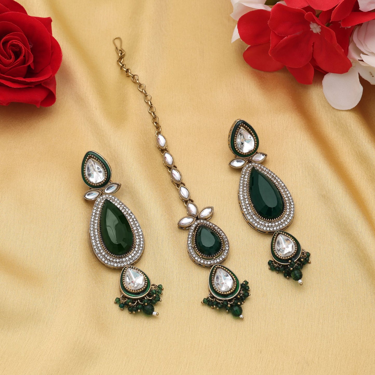 Premium Green Color Kundan Earrings Tikka Set With Traditional Bridal Artwork Finish