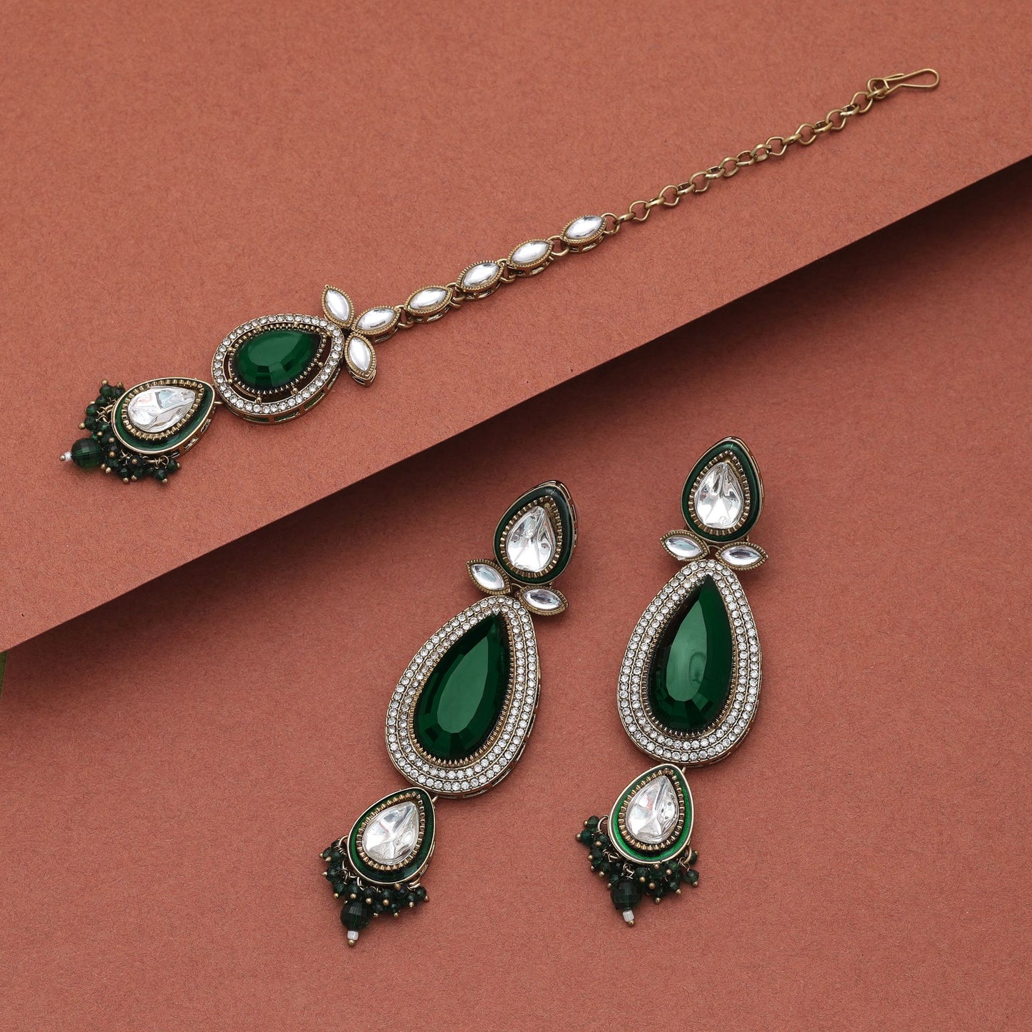 Premium Green Color Kundan Earrings Tikka Set With Traditional Bridal Artwork Finish