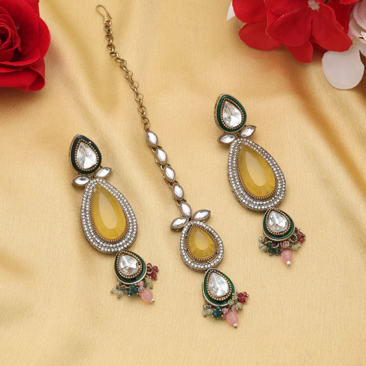 Stylish Multi Color Kundan Earrings Tikka Set For Wedding Celebration Jewelry Styling