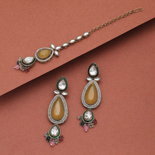 Stylish Multi Color Kundan Earrings Tikka Set For Wedding Celebration Jewelry Styling