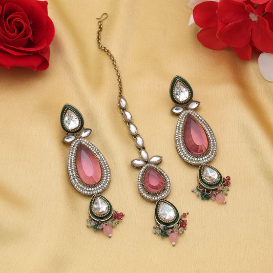 Classic Multi Color Kundan Earrings Tikka Set For Women Traditional Party Collection