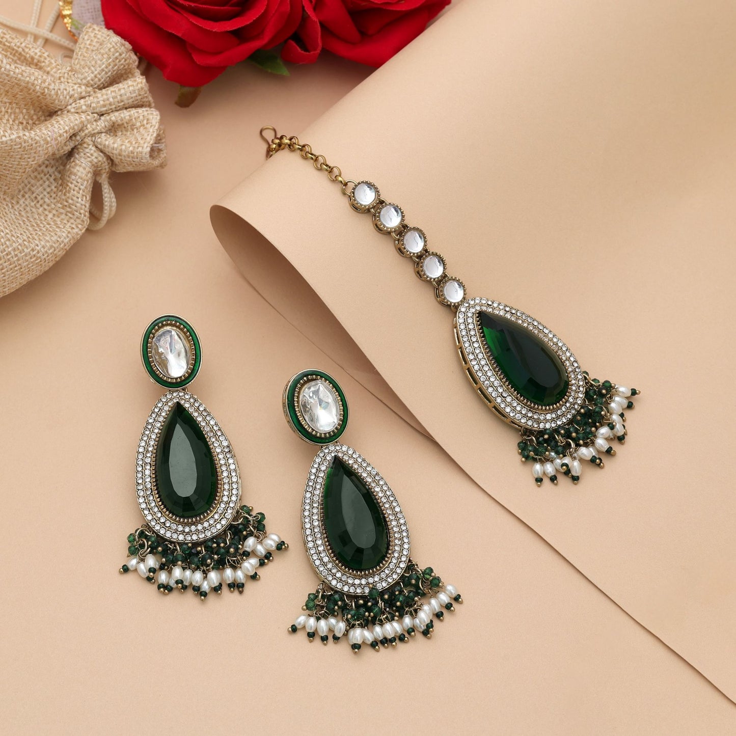 Elegant Green Color Kundan Earrings Tikka Set With Festive Ethnic Jewelry Finish