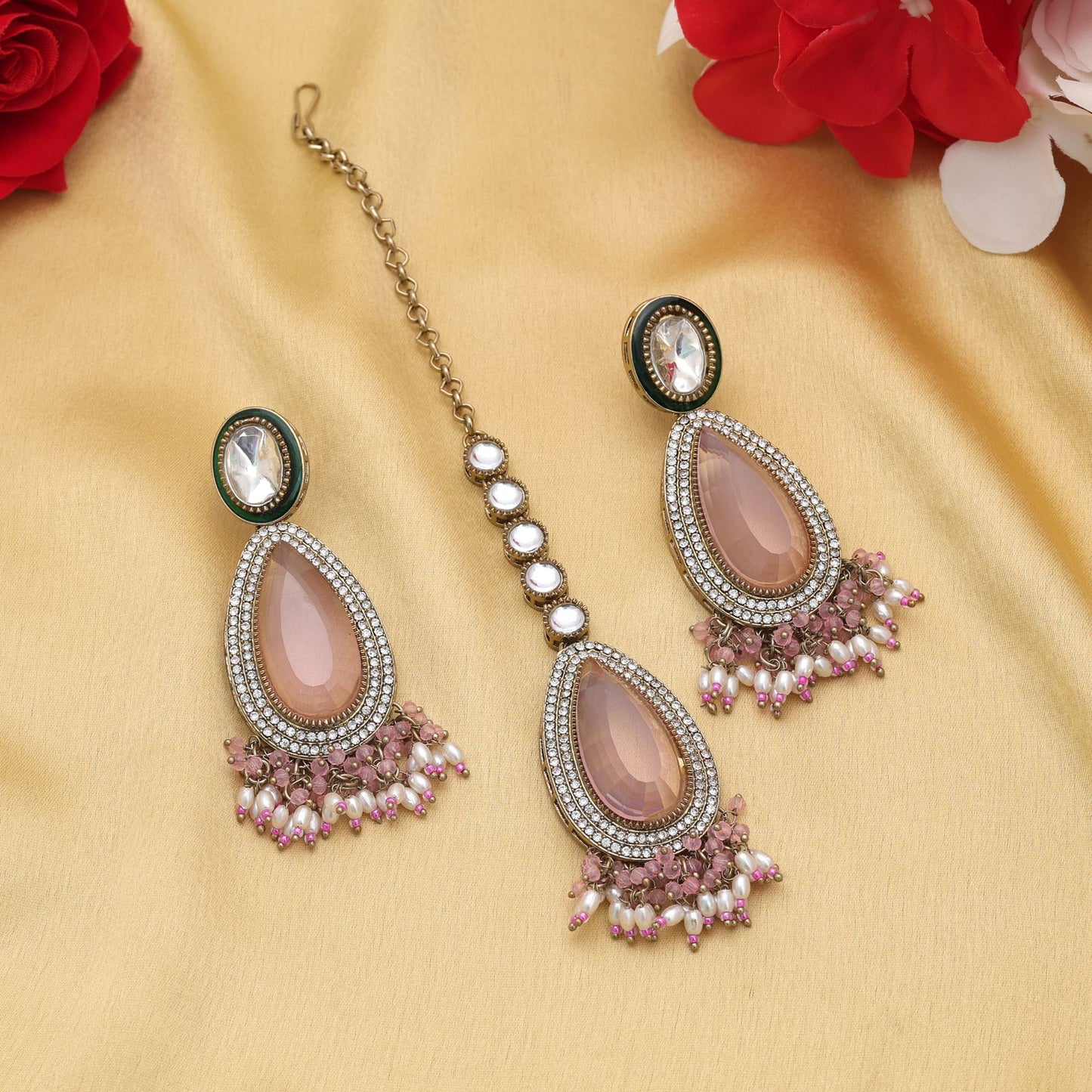 Stylish Light Pink Color Kundan Earrings Tikka Set With Bridal Traditional Artwork
