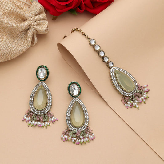 Kundan Tikka-Ohrring-Set in Royalem Pistaziengrün und Rosa für Damen