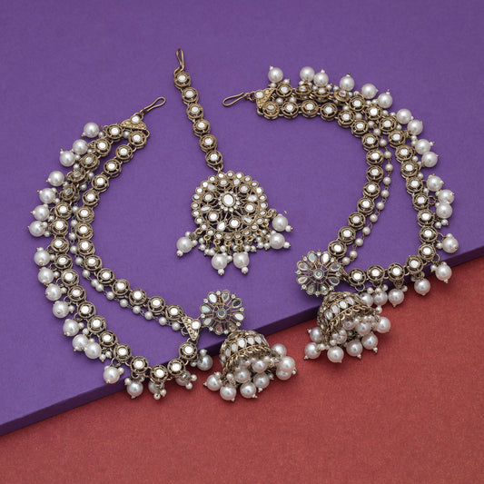 Elegantes weißes Spiegel Kundan Ohrringe Tikka Set für Braut-Styling