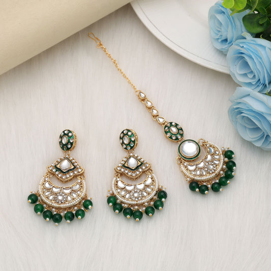 Elegant Green Color Kundan Earrings Tikka Set With Traditional Festive Styling