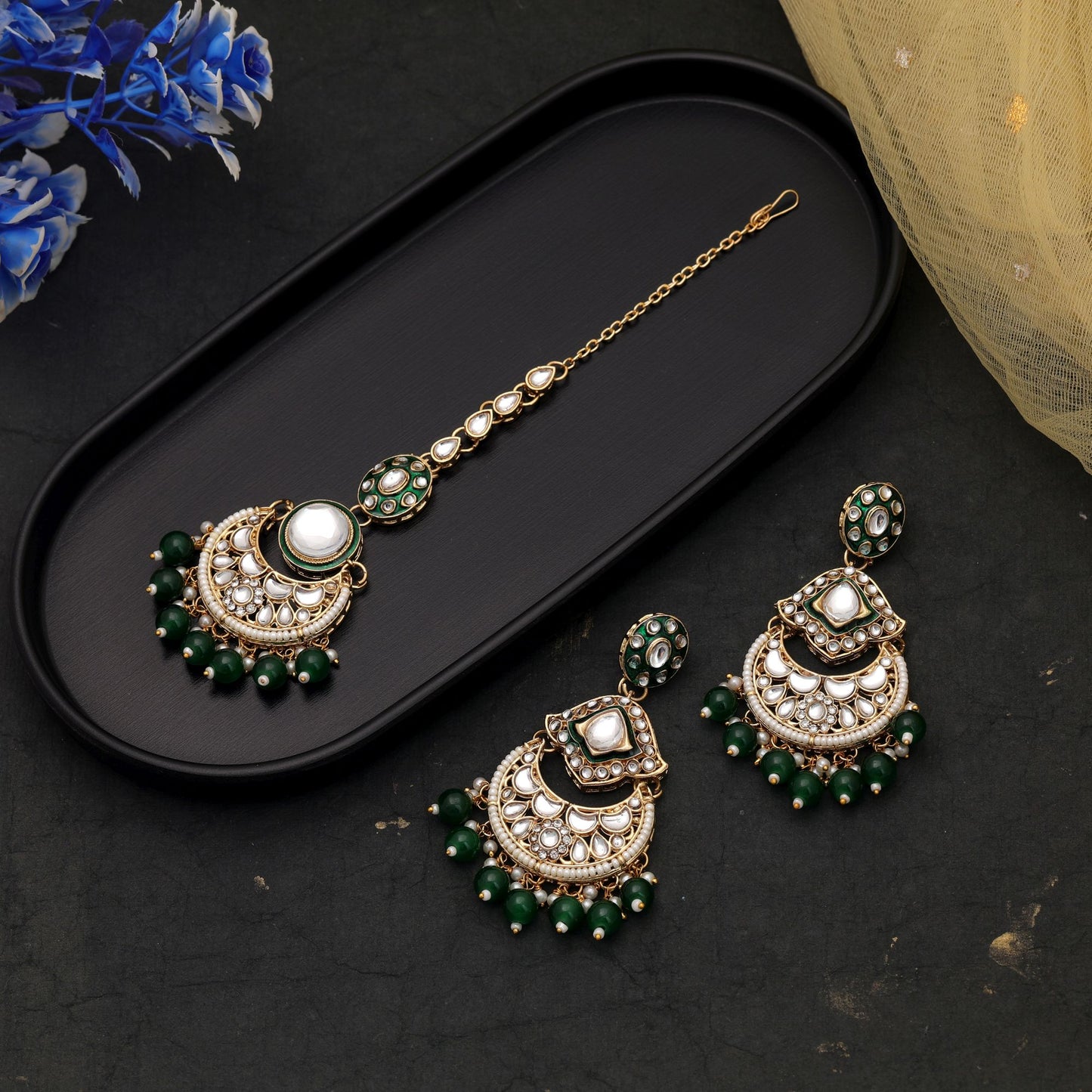 Elegant Green Color Kundan Earrings Tikka Set With Traditional Festive Styling