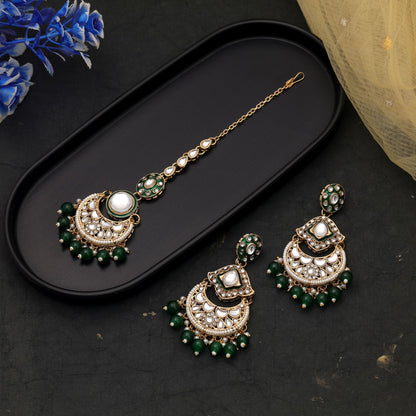 Elegant Green Color Kundan Earrings Tikka Set With Traditional Festive Styling