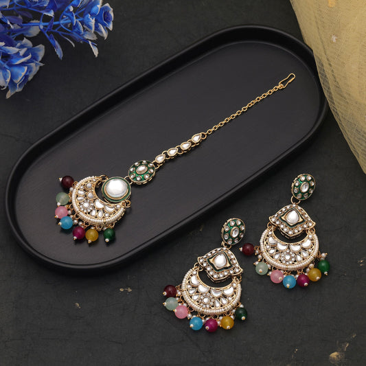 Stylish Multi Color Kundan Earrings Tikka Set For Wedding Party Fashion