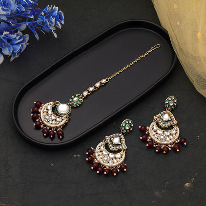 Royal Maroon Color Kundan Earrings Tikka Set For Bridal Ethnic Collection