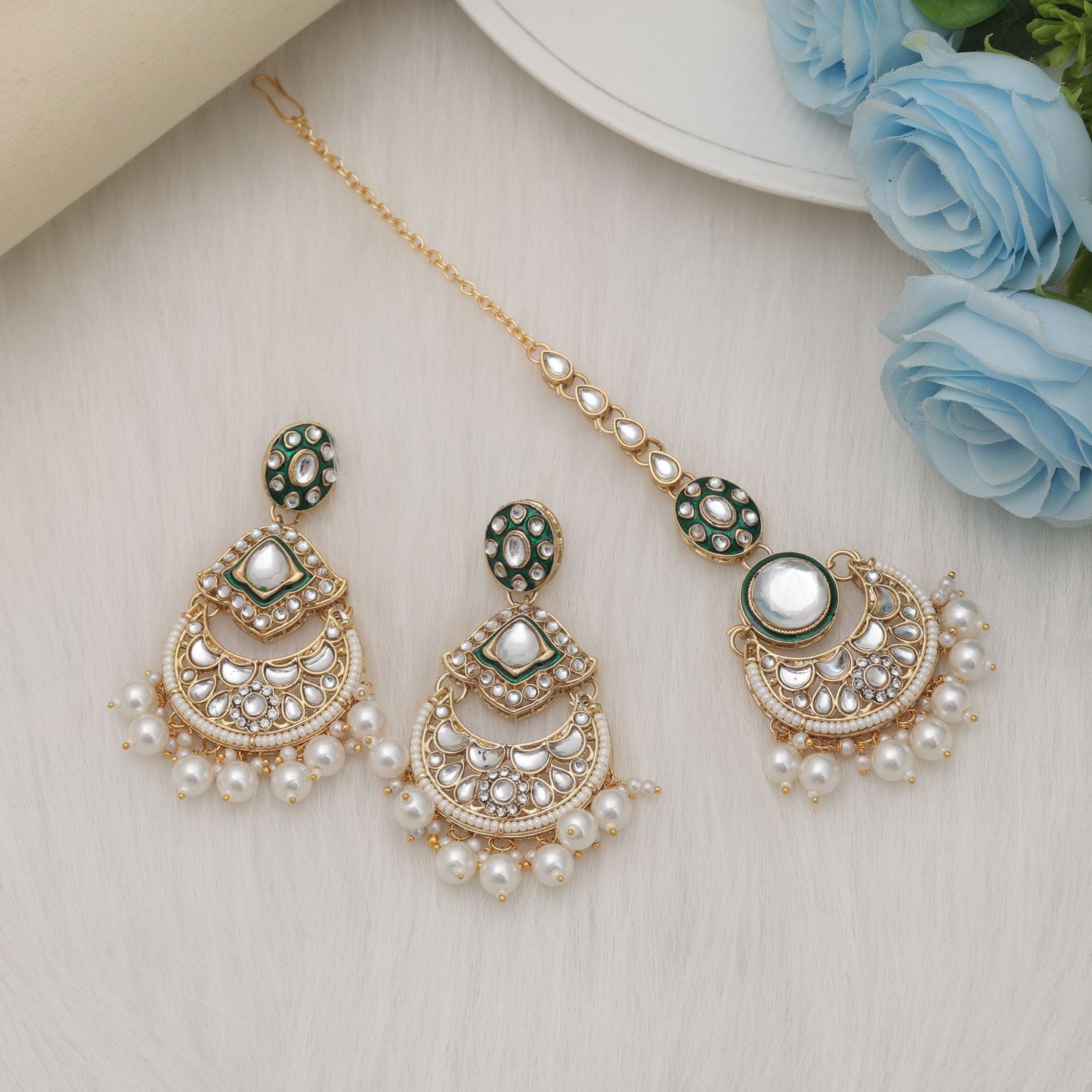 Graceful White Color Kundan Earrings Tikka Set With Designer Ethnic Charm