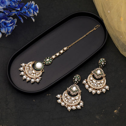 Graceful White Color Kundan Earrings Tikka Set With Designer Ethnic Charm