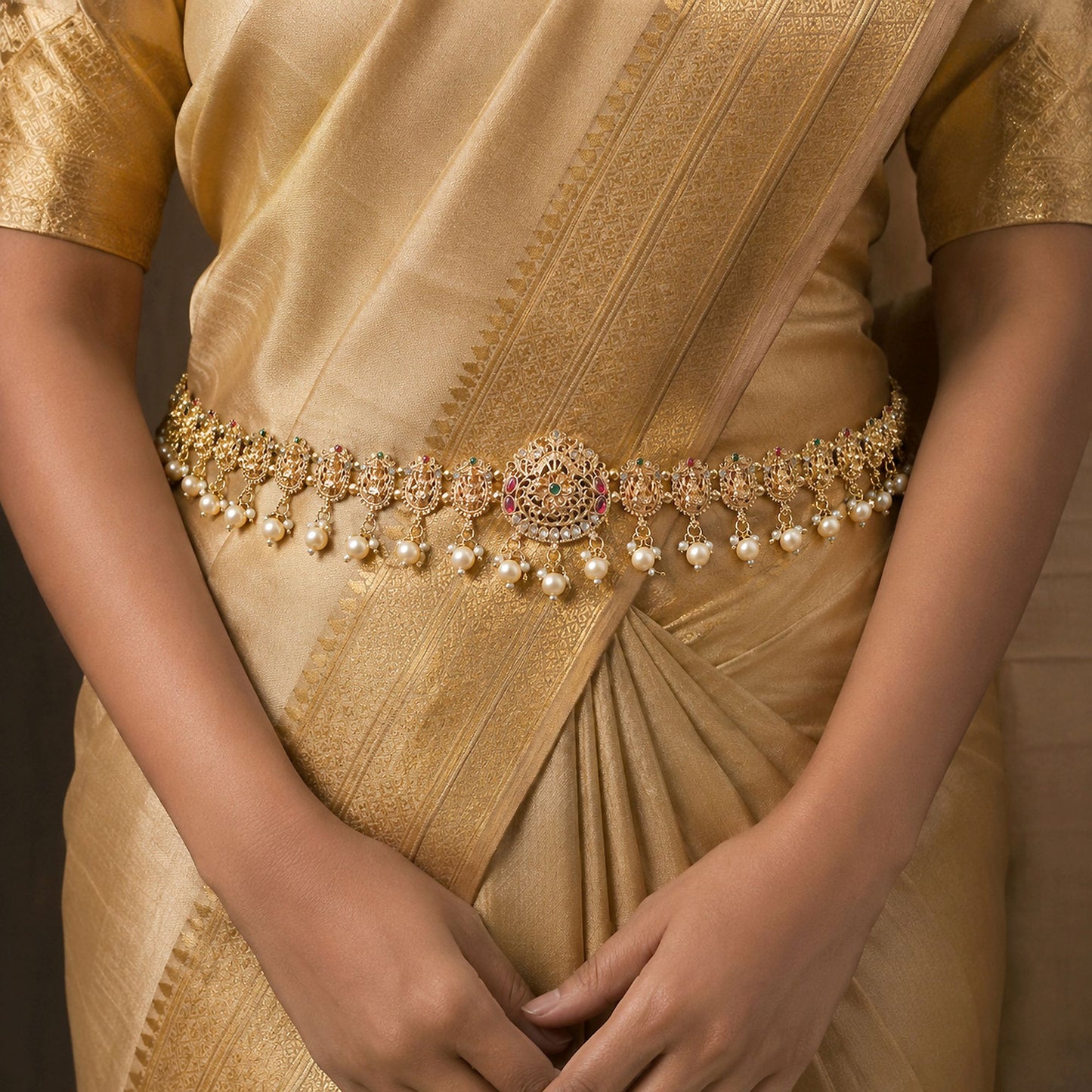 Stylish Rani & Green Color Temple Kamarband For Festive Wedding Saree Fashion Collection