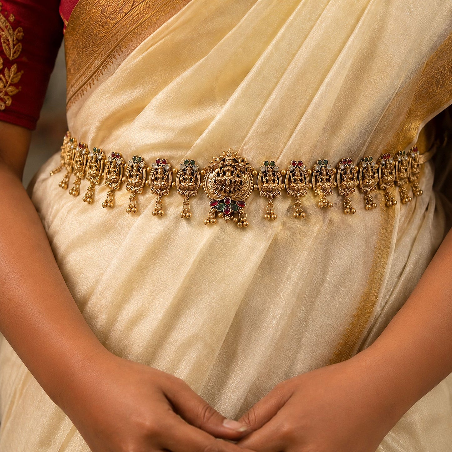 Klassischer Rani & Grünfarbener Tempel-Kamarband mit elegantem Brautschmuck-Finish-Design