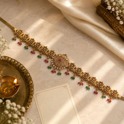 Stylish Rani & Green Color Temple Kamarband With Antique Gold Traditional Finish Design