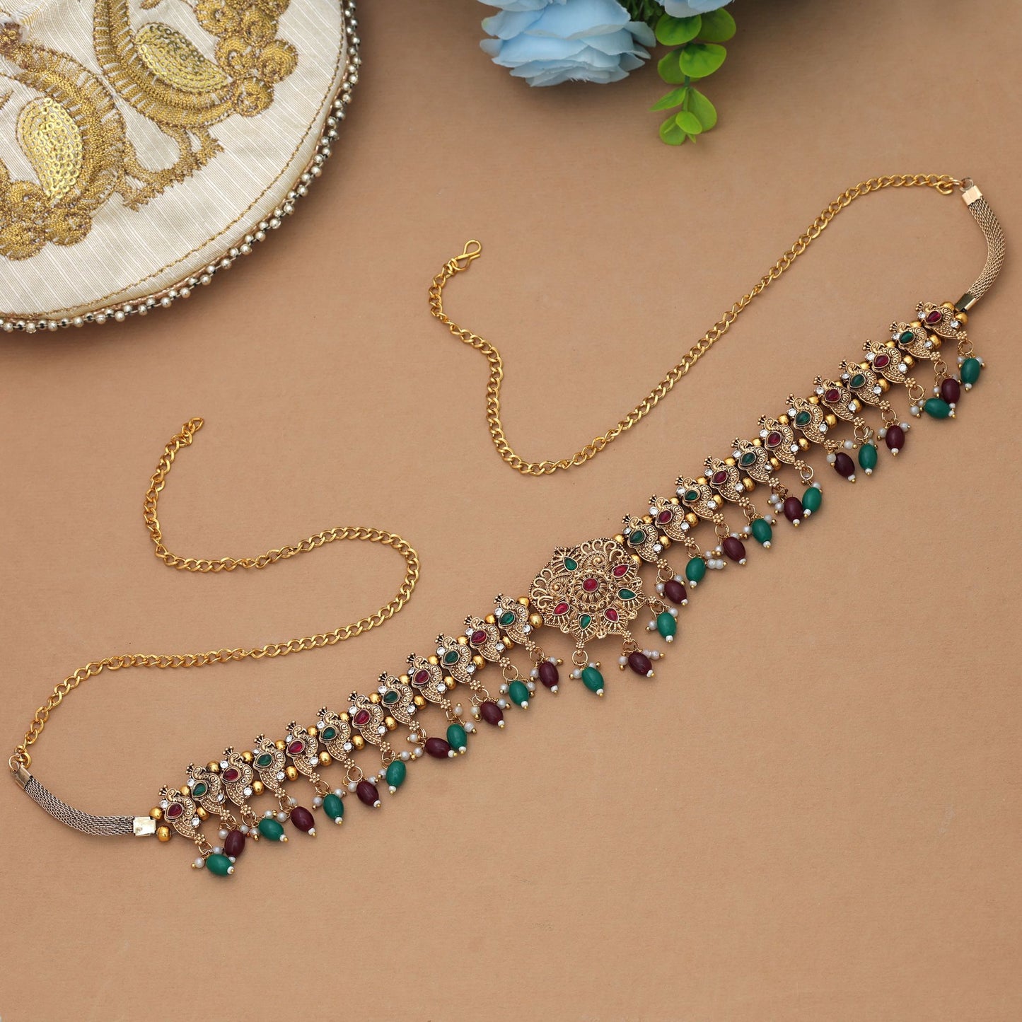 Premium Maroon & Green Color Temple Kamarband For Bridal Traditional Party Wear Collection