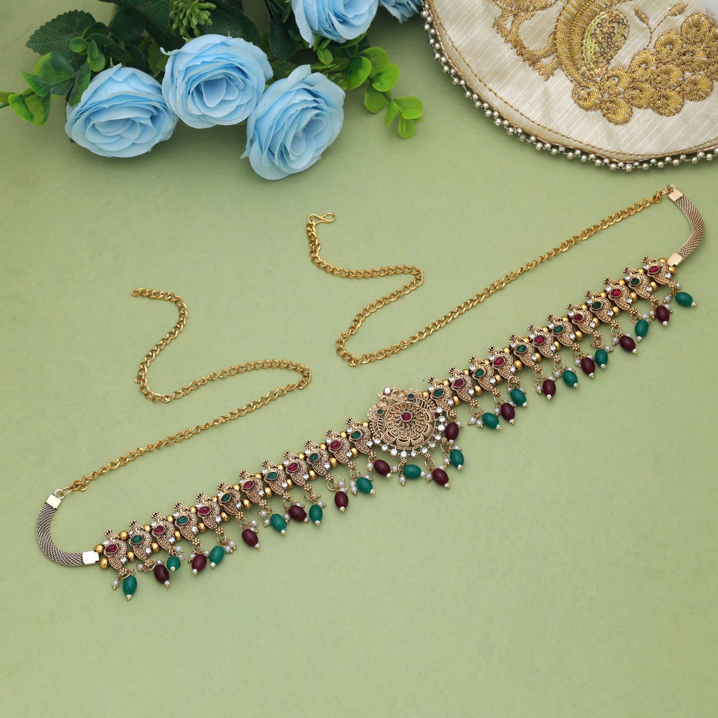 Stylish Maroon & Green Color Temple Kamarband With Antique Temple Jewelry Artwork Finish