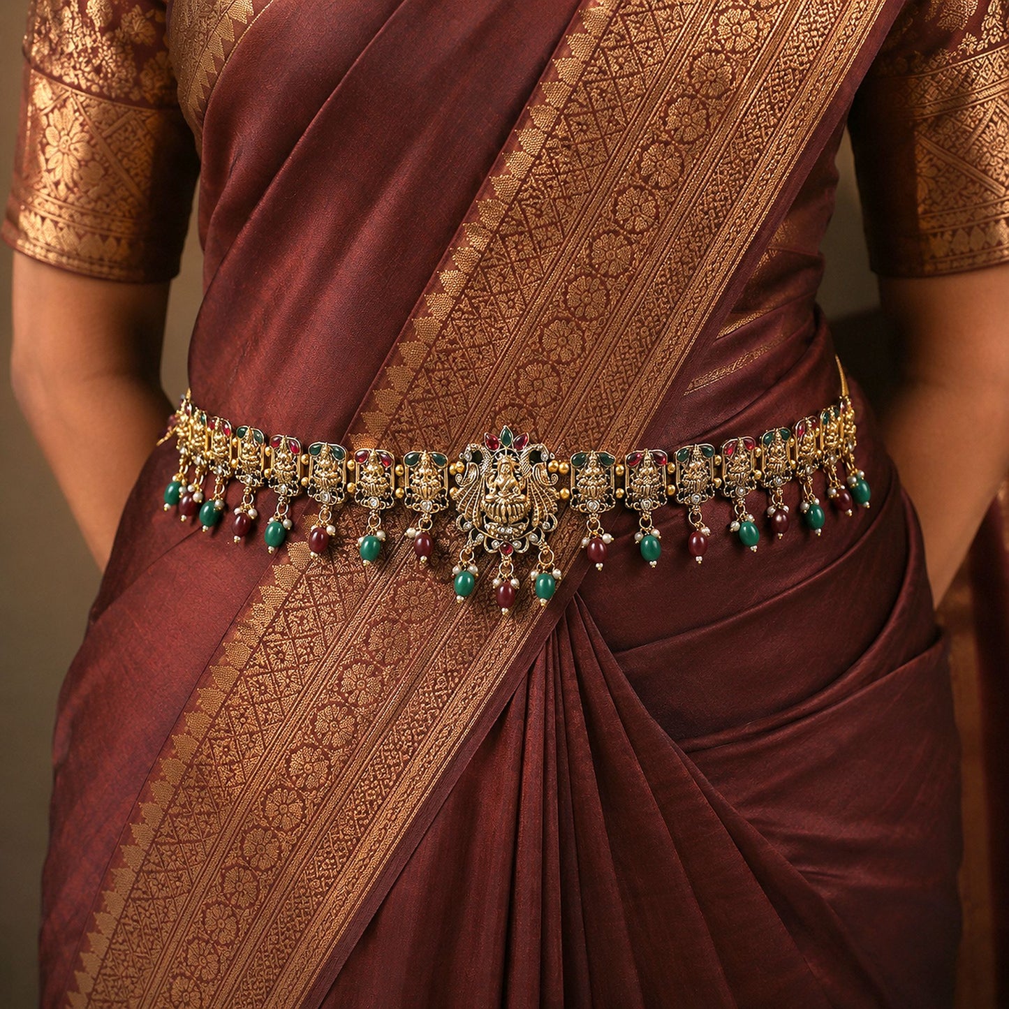 Classic Maroon & Green Color Temple Kamarband For Ethnic Bridal Occasion Jewelry Collection