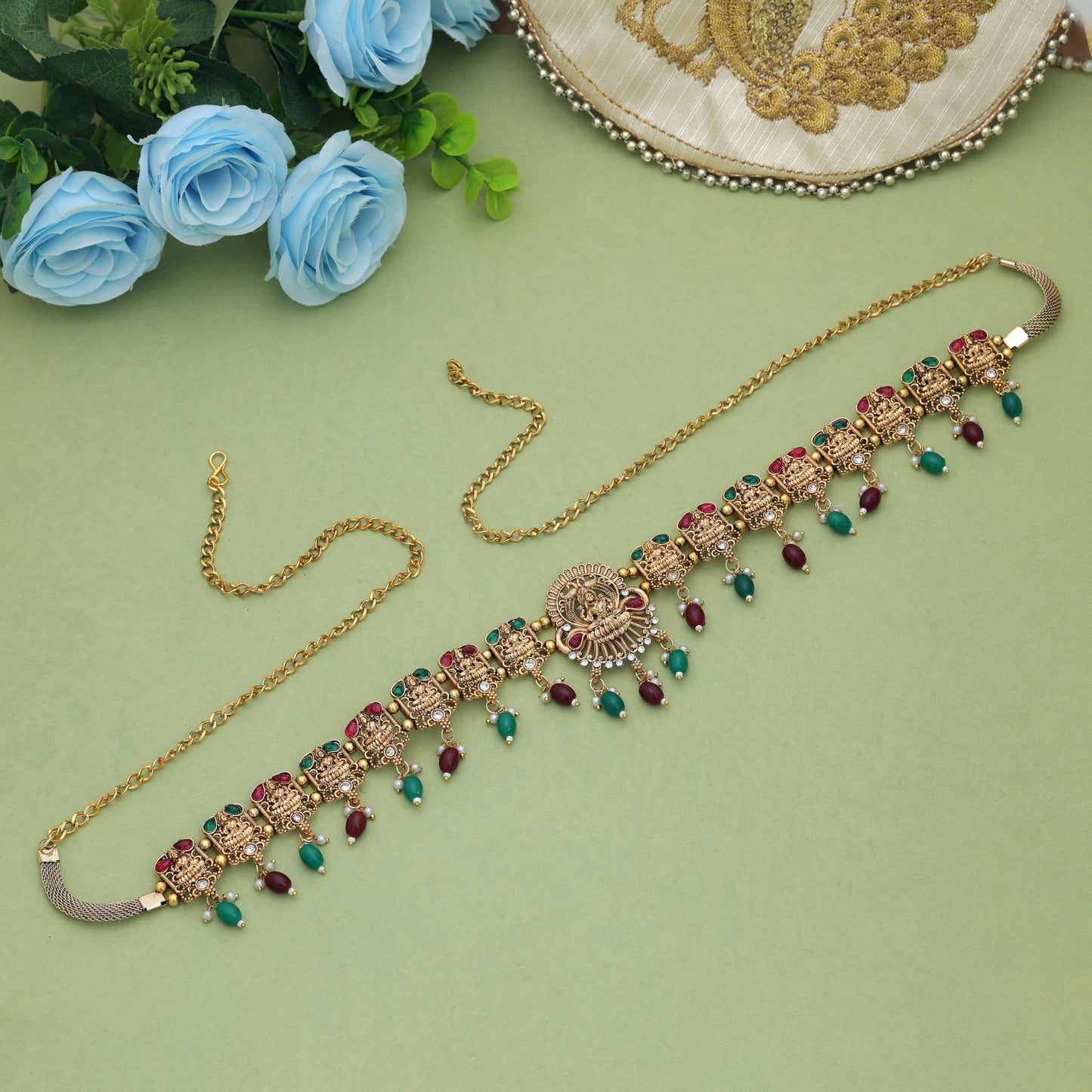 Royal Maroon & Green Color Temple Kamarband With Elegant Heritage Inspired Artwork Design