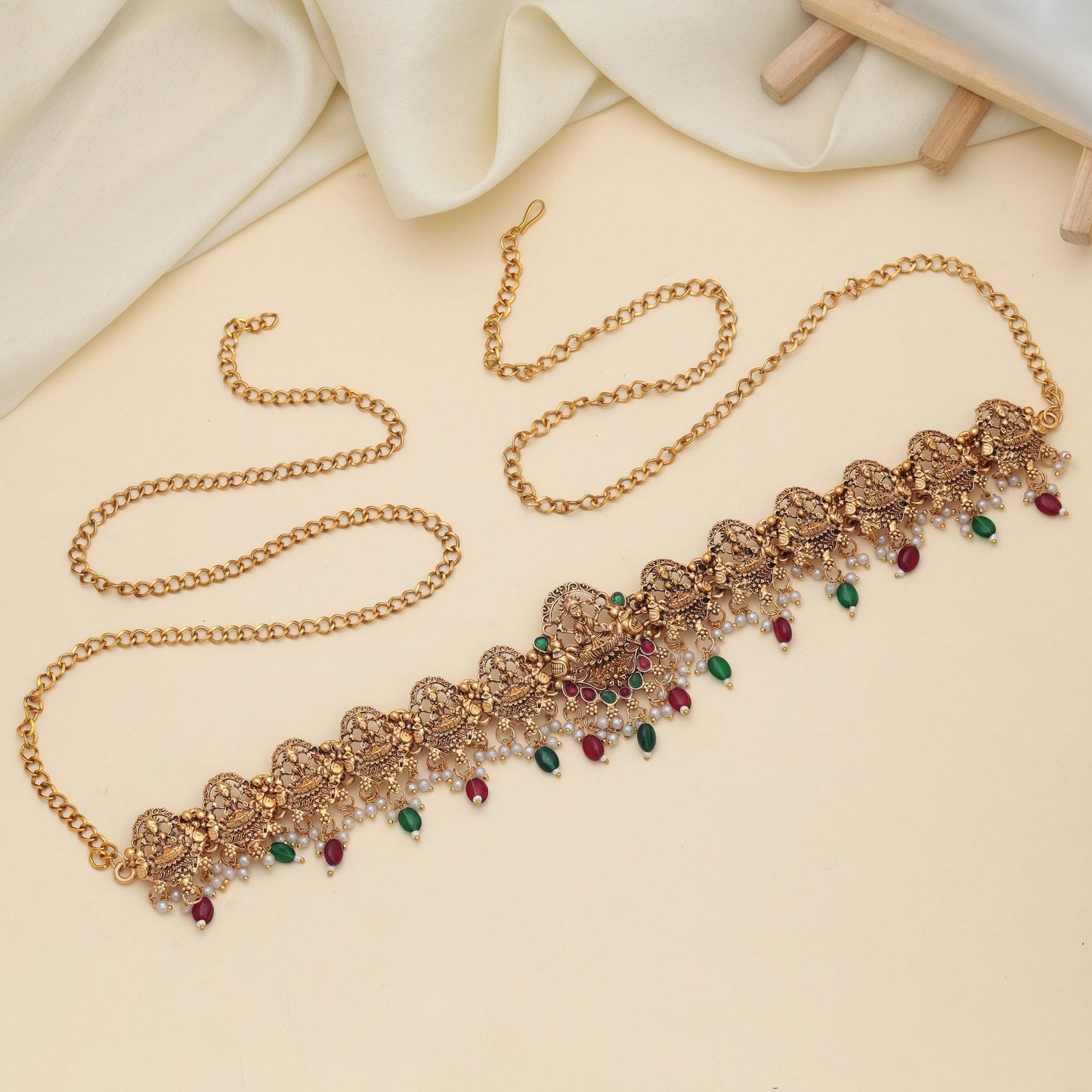 Stylish Maroon & Green Color Temple Kamarband With Antique Bridal Jewelry Finish Design