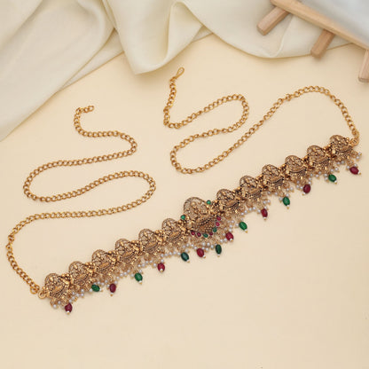 Stylish Maroon & Green Color Temple Kamarband With Antique Bridal Jewelry Finish Design
