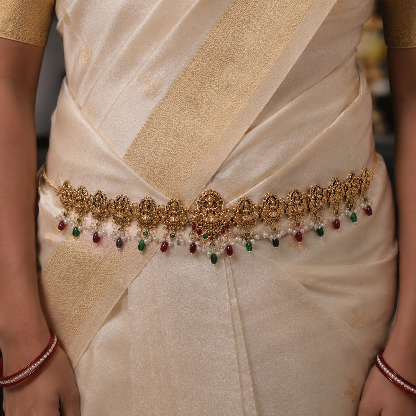 Stylish Maroon & Green Color Temple Kamarband With Antique Bridal Jewelry Finish Design