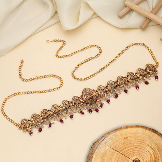 Premium Maroon Color Temple Kamarband With Classic South Indian Temple Artwork Design