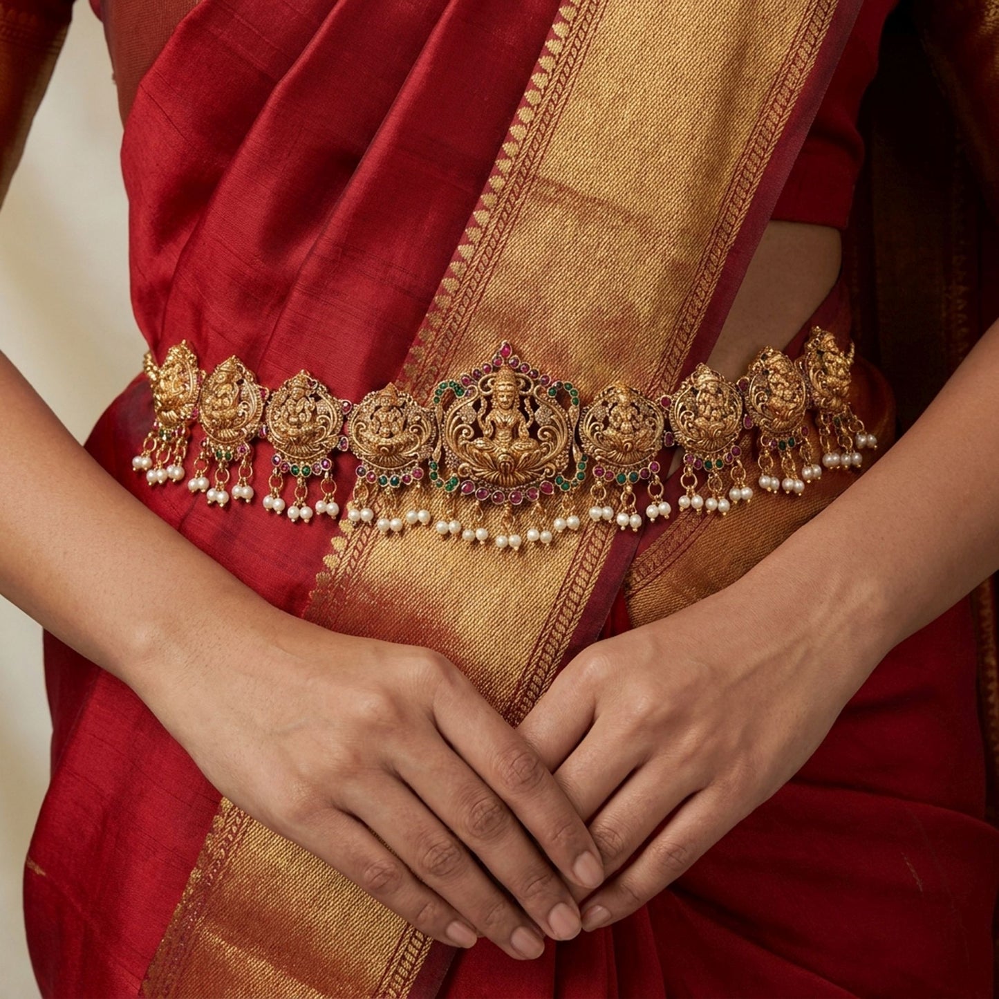 Royal Maroon & Green Color Temple Kamarband For Women Festive Saree Fashion Collection
