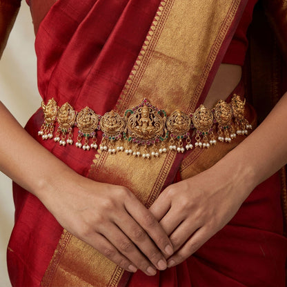 Royal Maroon & Green Color Temple Kamarband For Women Festive Saree Fashion Collection