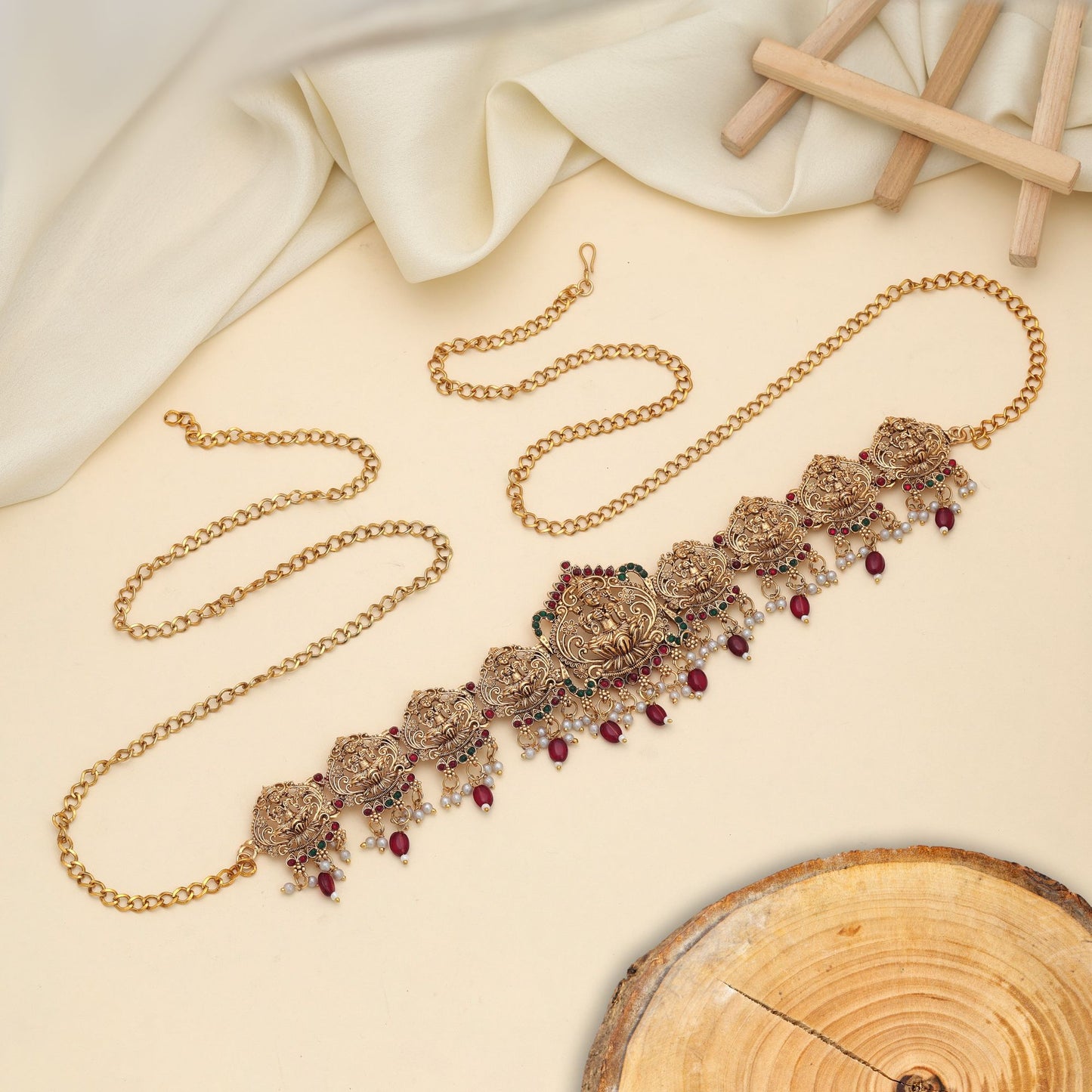 Elegant Maroon Color Temple Kamarband With Traditional Bridal Jewelry Artwork Design Style