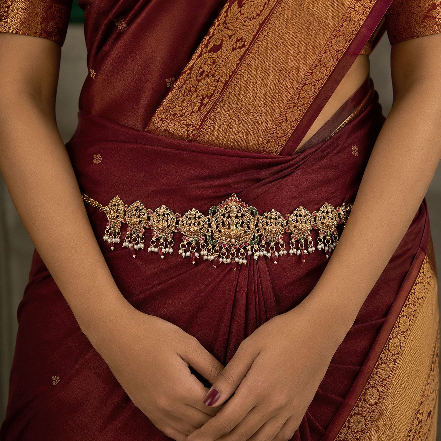 Elegant Maroon Color Temple Kamarband With Traditional Bridal Jewelry Artwork Design Style