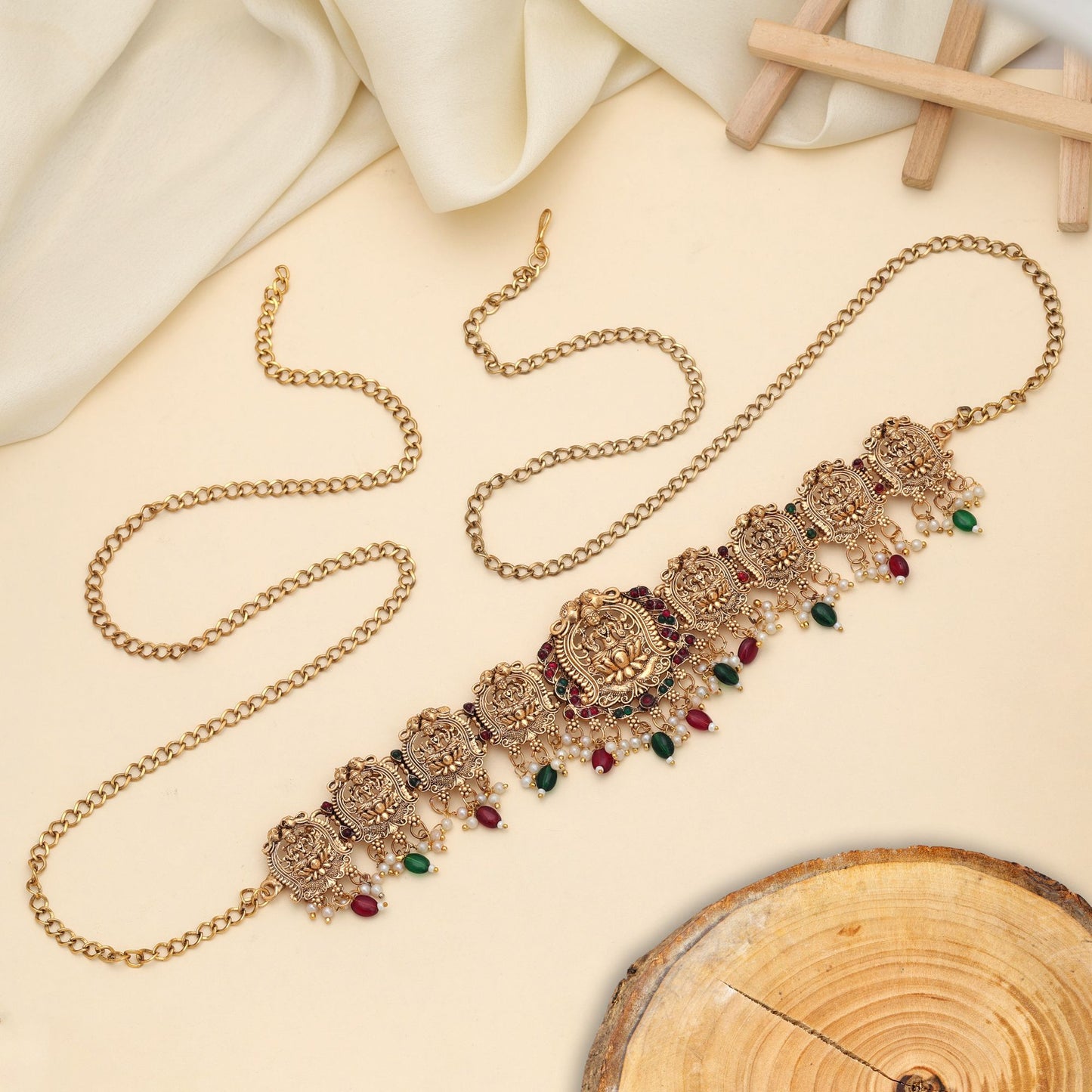 Classic Maroon & Green Color Temple Kamarband With Heritage Inspired Antique Temple Style