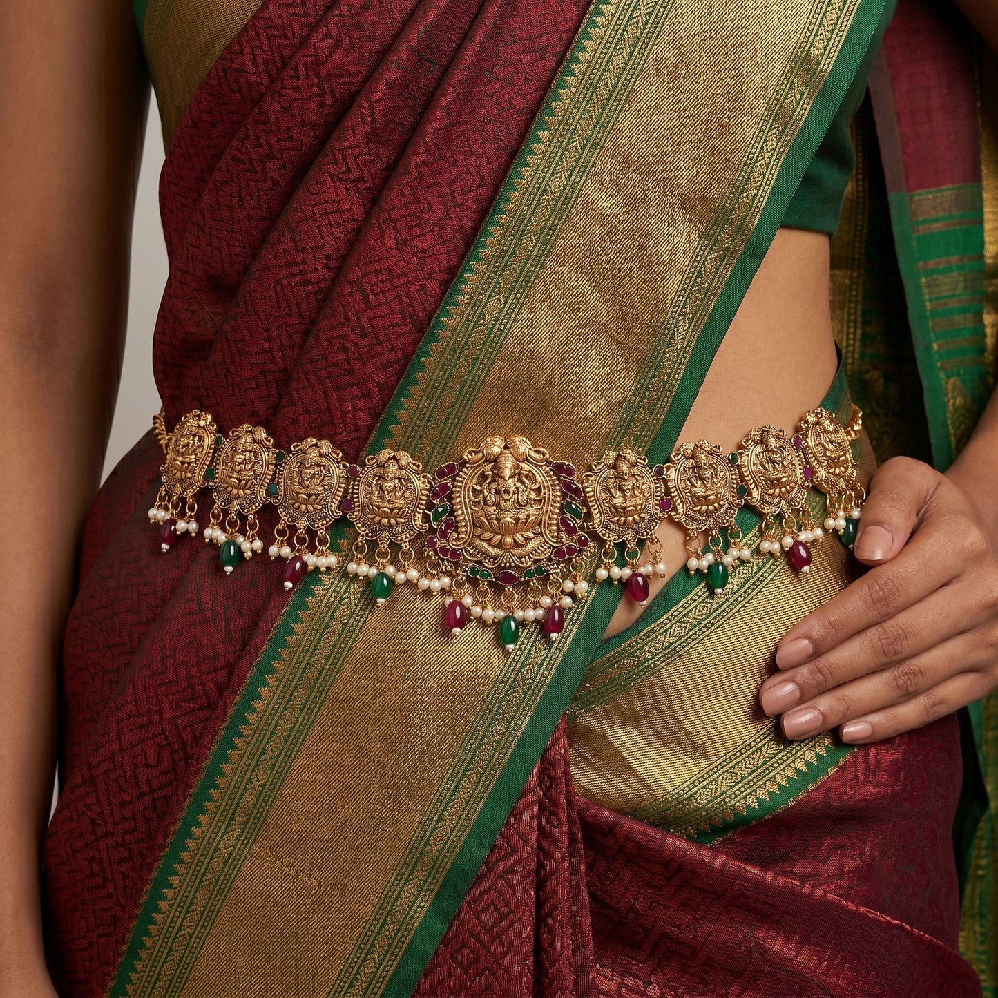 Classic Maroon & Green Color Temple Kamarband With Heritage Inspired Antique Temple Style