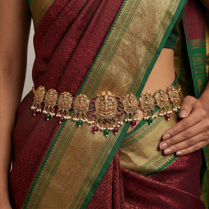 Classic Maroon & Green Color Temple Kamarband With Heritage Inspired Antique Temple Style